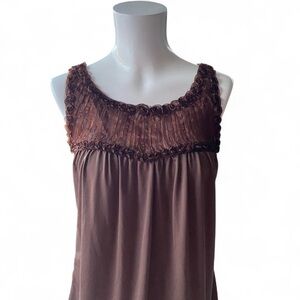 Vintage‎ Wet Seal Babydoll Top Brown Sheer pleated floral neckline bubble hem S